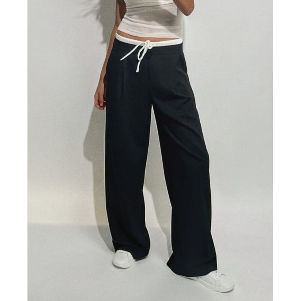 Zara Wide-Leg Double Waistband Trouser Pants Black White Drawstring - Medium